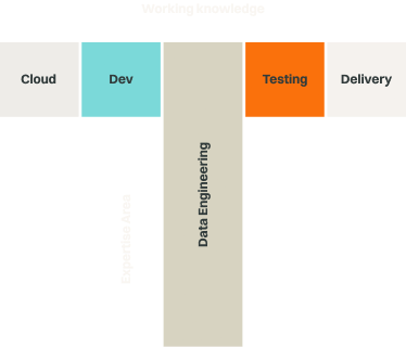 T-Shaped Engineer diagram showing broad working knowledge across Cloud, Dev, Testing, and Delivery, with deep expertise in a specialist area